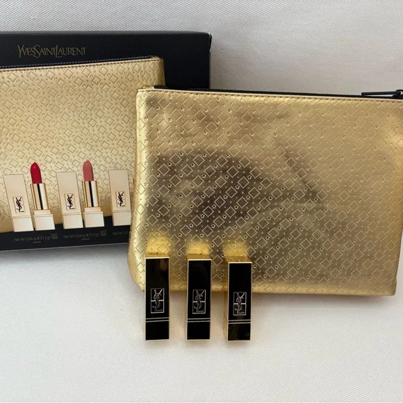 YSL Beaute Gold Pouch with 3 Lipstick Minis
